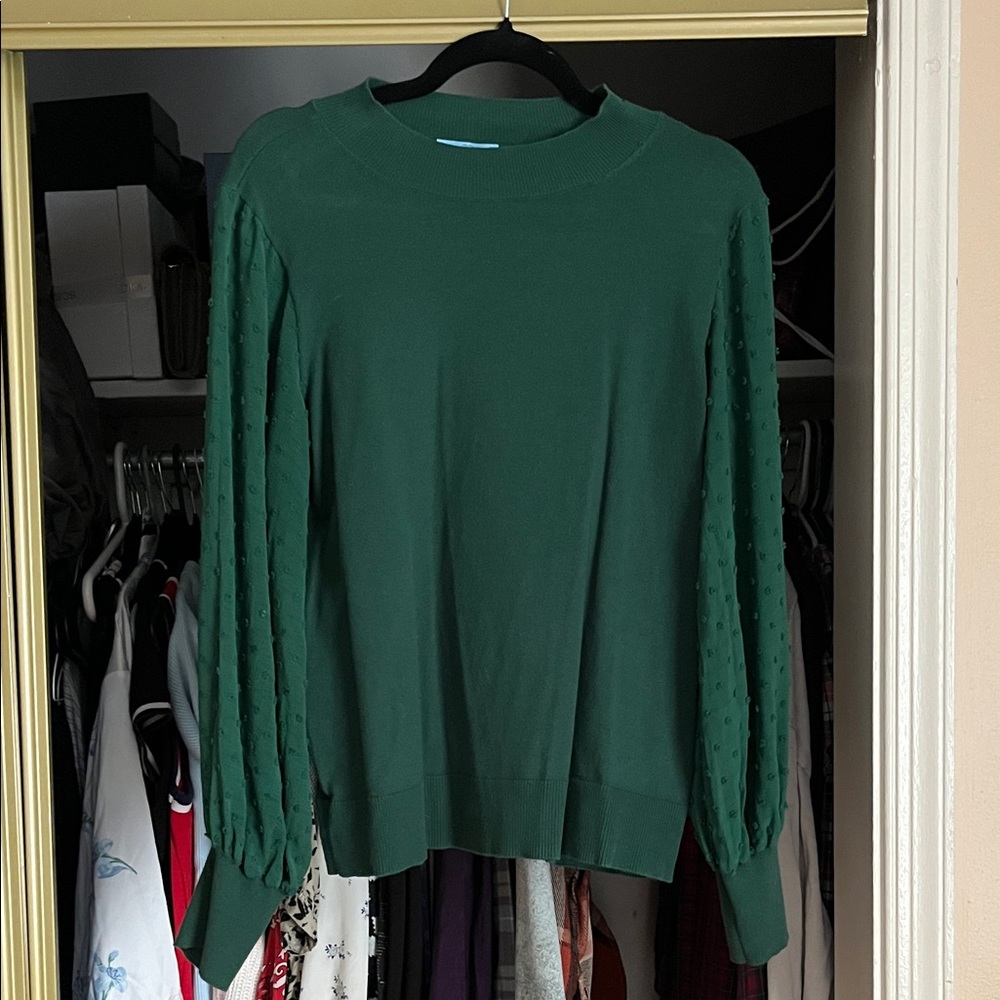 Green Sweater with Sheer Polka Dot Sleeves